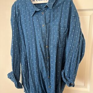 Blue button down shirt with small cream dotted pattern. From Anthropologie